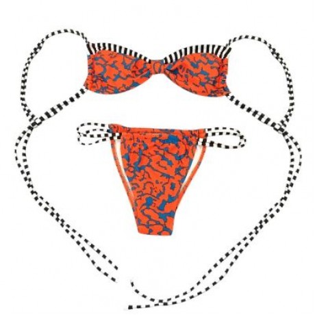 Spaghetti Strap Backless Padded Stripe Print Low Waist Women Bikini Set (TANGERINE)