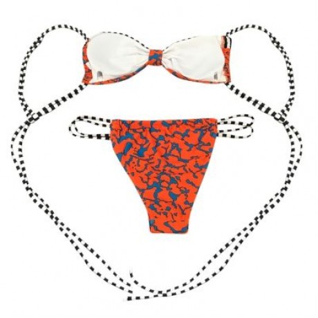 Spaghetti Strap Backless Padded Stripe Print Low Waist Women Bikini Set (TANGERINE)