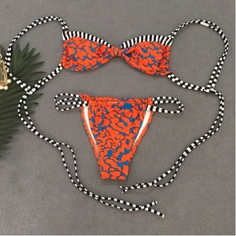 Spaghetti Strap Backless Padded Stripe Print Low Waist Women Bikini Set (TANGERINE)