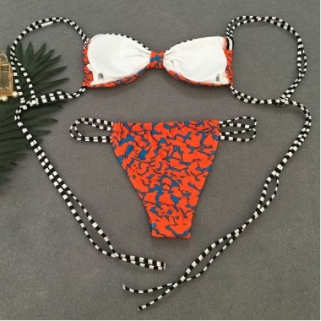 Spaghetti Strap Backless Padded Stripe Print Low Waist Women Bikini Set (TANGERINE)