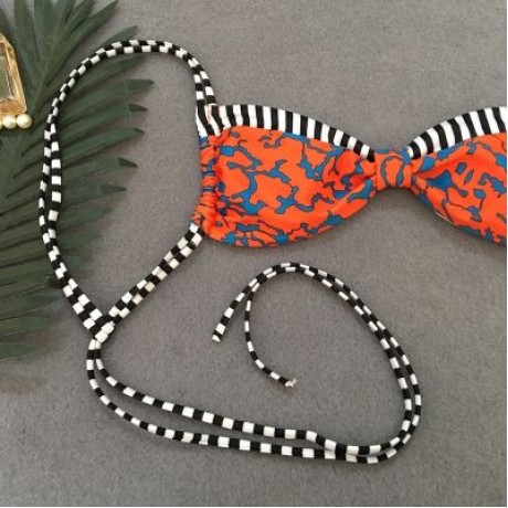 Spaghetti Strap Backless Padded Stripe Print Low Waist Women Bikini Set (TANGERINE)