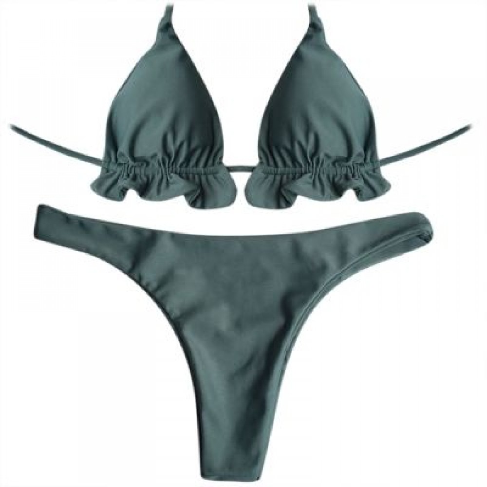 Halter Neck Backless Tied Strap Ruffle Solid Color Low Waist Women Bikini Set (MEDIUM SEA 