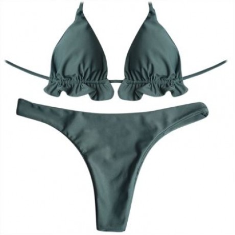 Halter Neck Backless Tied Strap Ruffle Solid Color Low Waist Women Bikini Set (MEDIUM SEA 