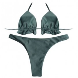 Halter Neck Backless Tied Strap Ruffle Solid Color Low Waist Women Bikini Set (MEDIUM SEA 