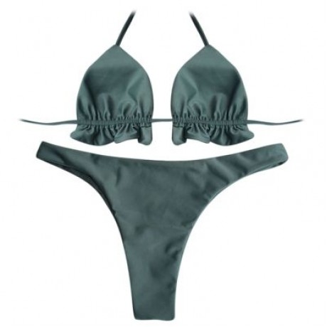 Halter Neck Backless Tied Strap Ruffle Solid Color Low Waist Women Bikini Set (MEDIUM SEA 