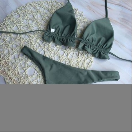 Halter Neck Backless Tied Strap Ruffle Solid Color Low Waist Women Bikini Set (MEDIUM SEA 