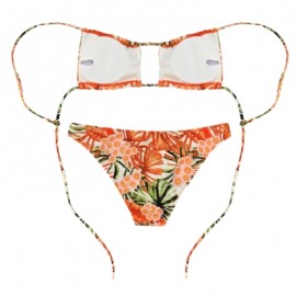 Women Sexy Floral Print Tied Strap Backless Two-piece Swimwear Bikini Set  (TANGERINE)
