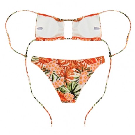 Women Sexy Floral Print Tied Strap Backless Two-piece Swimwear Bikini Set  (TANGERINE)
