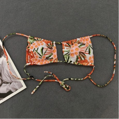 Women Sexy Floral Print Tied Strap Backless Two-piece Swimwear Bikini Set  (TANGERINE)