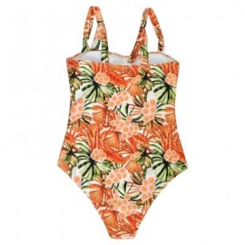 Women Floral Print Jumpsuit Adjustable Strap Lady Swimwear Swimsuit (TANGERINE)
