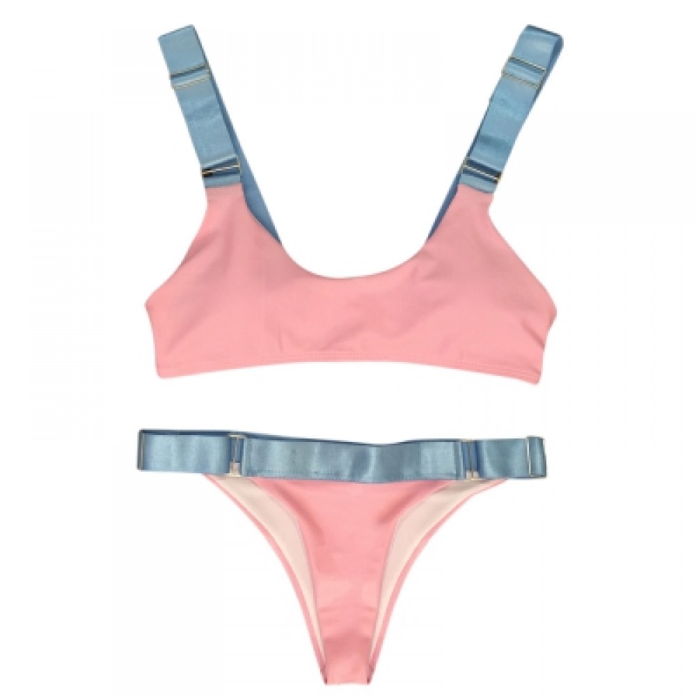 Shoulder Strap Padded Color Blocking Low Waist Women Bikini Set (PINK)
