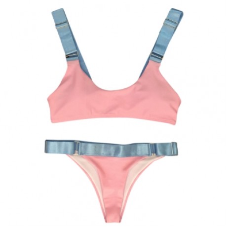 Shoulder Strap Padded Color Blocking Low Waist Women Bikini Set (PINK)