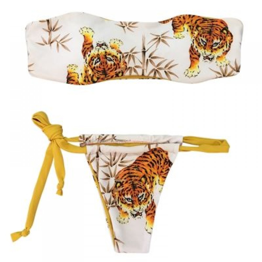 Women Sexy Strapless Animal Print Swimsuit with Tied Strap Bottom Bikini Set (WHITE)