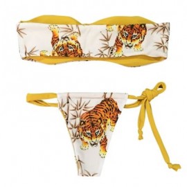 Women Sexy Strapless Animal Print Swimsuit with Tied Strap Bottom Bikini Set (WHITE)