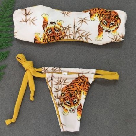 Women Sexy Strapless Animal Print Swimsuit with Tied Strap Bottom Bikini Set (WHITE)