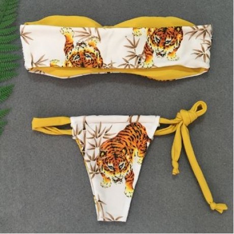 Women Sexy Strapless Animal Print Swimsuit with Tied Strap Bottom Bikini Set (WHITE)