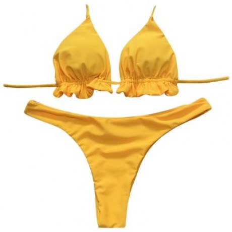 Halter Neck Backless Tied Strap Ruffle Solid Color Low Waist Women Bikini Set (YELLOW)