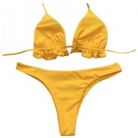 Halter Neck Backless Tied Strap Ruffle Solid Color Low Waist Women Bikini Set (YELLOW)
