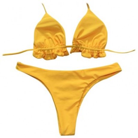 Halter Neck Backless Tied Strap Ruffle Solid Color Low Waist Women Bikini Set (YELLOW)