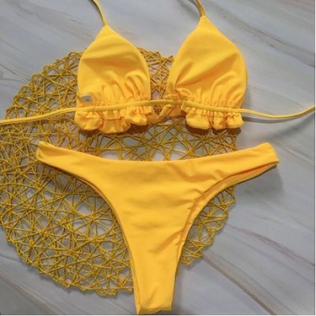 Halter Neck Backless Tied Strap Ruffle Solid Color Low Waist Women Bikini Set (YELLOW)