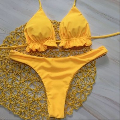 Halter Neck Backless Tied Strap Ruffle Solid Color Low Waist Women Bikini Set (YELLOW)