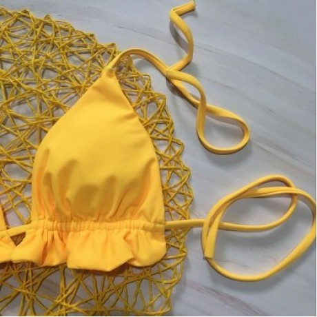 Halter Neck Backless Tied Strap Ruffle Solid Color Low Waist Women Bikini Set (YELLOW)