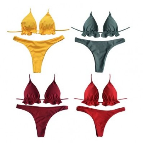 Halter Neck Backless Tied Strap Ruffle Solid Color Low Waist Women Bikini Set (YELLOW)