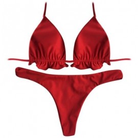 Halter Neck Backless Tied Strap Ruffle Solid Color Low Waist Women Bikini Set (FIRE ENGINE