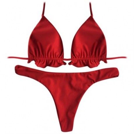 Halter Neck Backless Tied Strap Ruffle Solid Color Low Waist Women Bikini Set (FIRE ENGINE