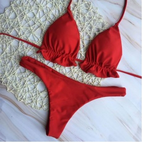 Halter Neck Backless Tied Strap Ruffle Solid Color Low Waist Women Bikini Set (FIRE ENGINE