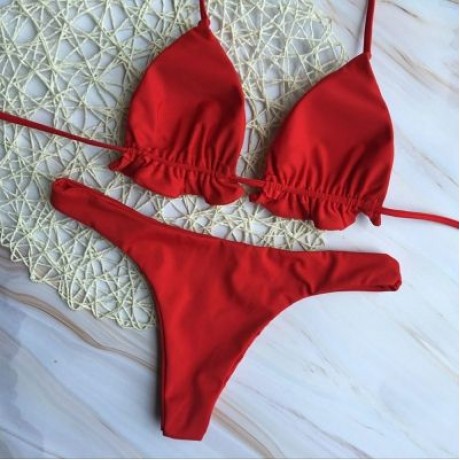 Halter Neck Backless Tied Strap Ruffle Solid Color Low Waist Women Bikini Set (FIRE ENGINE