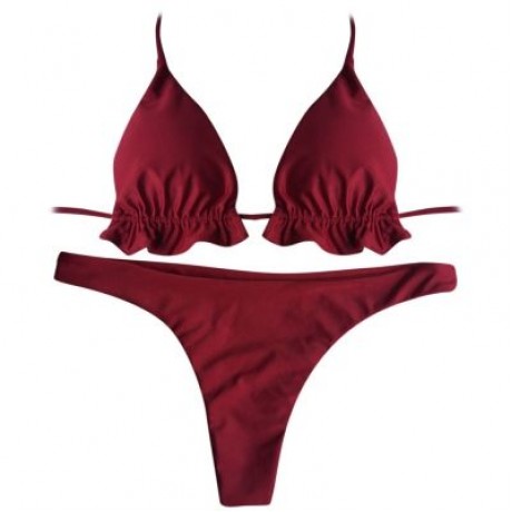 Halter Neck Backless Tied Strap Ruffle Solid Color Low Waist Women Bikini Set (RED WINE)