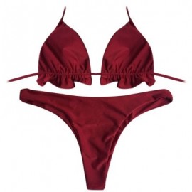 Halter Neck Backless Tied Strap Ruffle Solid Color Low Waist Women Bikini Set (RED WINE)