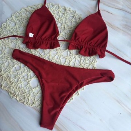 Halter Neck Backless Tied Strap Ruffle Solid Color Low Waist Women Bikini Set (RED WINE)