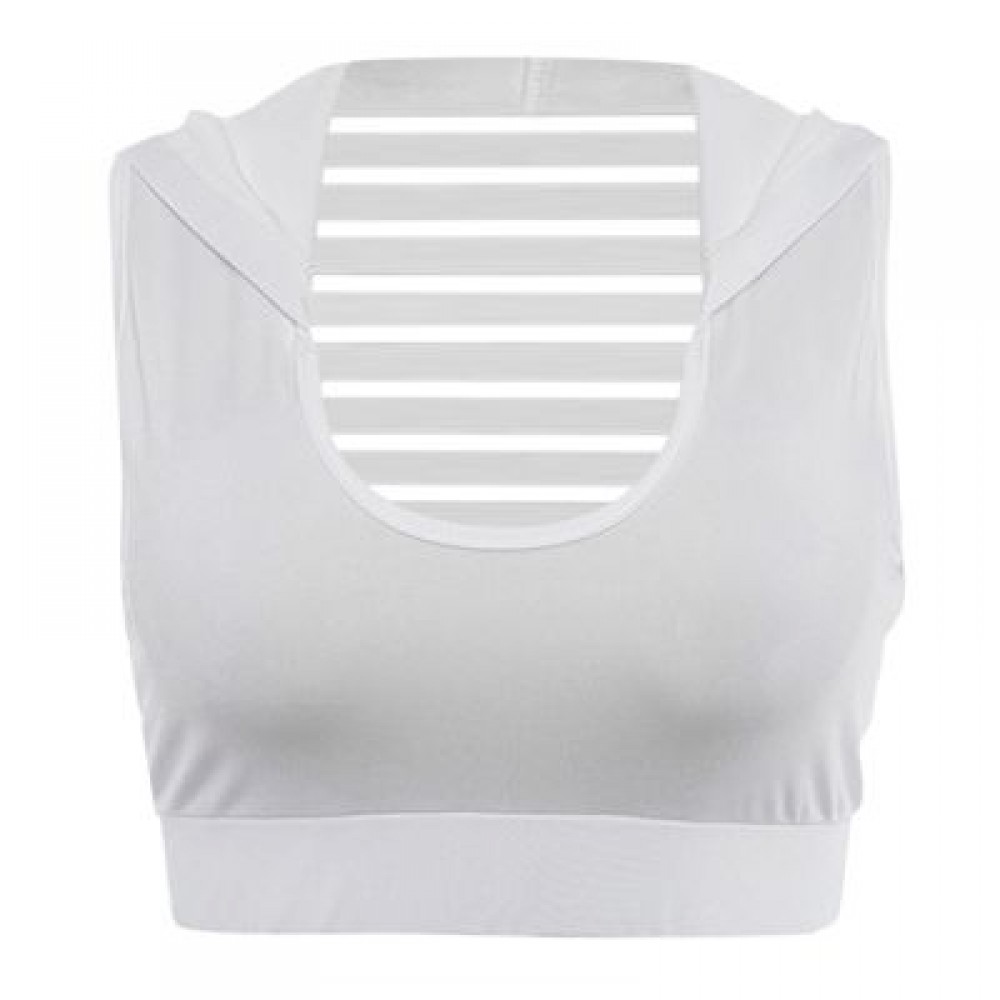 U Neck Sleeveless Spliced Mesh Hooded Yoga Sports Bralette Women Crop Top (WHITE)