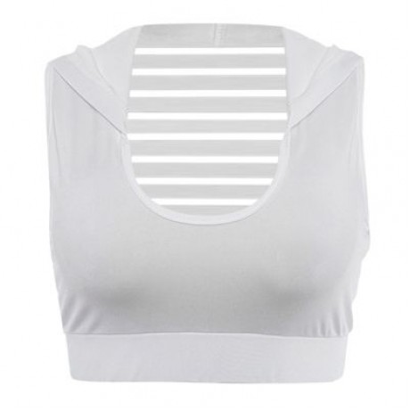 U Neck Sleeveless Spliced Mesh Hooded Yoga Sports Bralette Women Crop Top (WHITE)