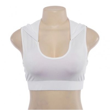 U Neck Sleeveless Spliced Mesh Hooded Yoga Sports Bralette Women Crop Top (WHITE)