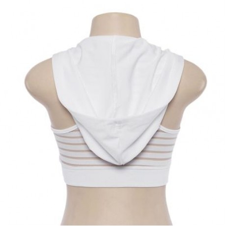 U Neck Sleeveless Spliced Mesh Hooded Yoga Sports Bralette Women Crop Top (WHITE)