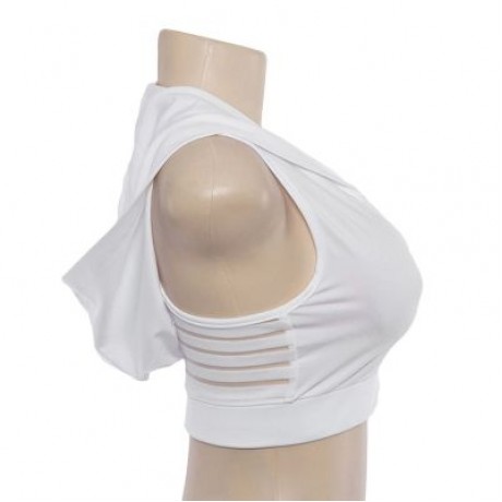 U Neck Sleeveless Spliced Mesh Hooded Yoga Sports Bralette Women Crop Top (WHITE)