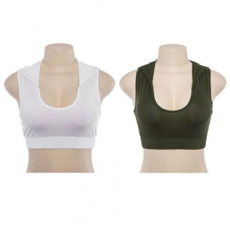 U Neck Sleeveless Spliced Mesh Hooded Yoga Sports Bralette Women Crop Top (ARMY GREEN)