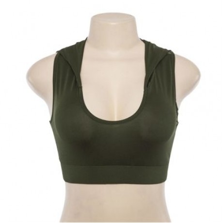 U Neck Sleeveless Spliced Mesh Hooded Yoga Sports Bralette Women Crop Top (ARMY GREEN)