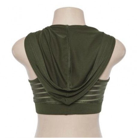 U Neck Sleeveless Spliced Mesh Hooded Yoga Sports Bralette Women Crop Top (ARMY GREEN)