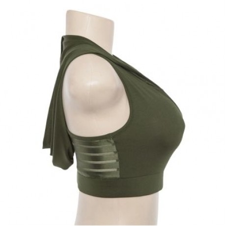 U Neck Sleeveless Spliced Mesh Hooded Yoga Sports Bralette Women Crop Top (ARMY GREEN)