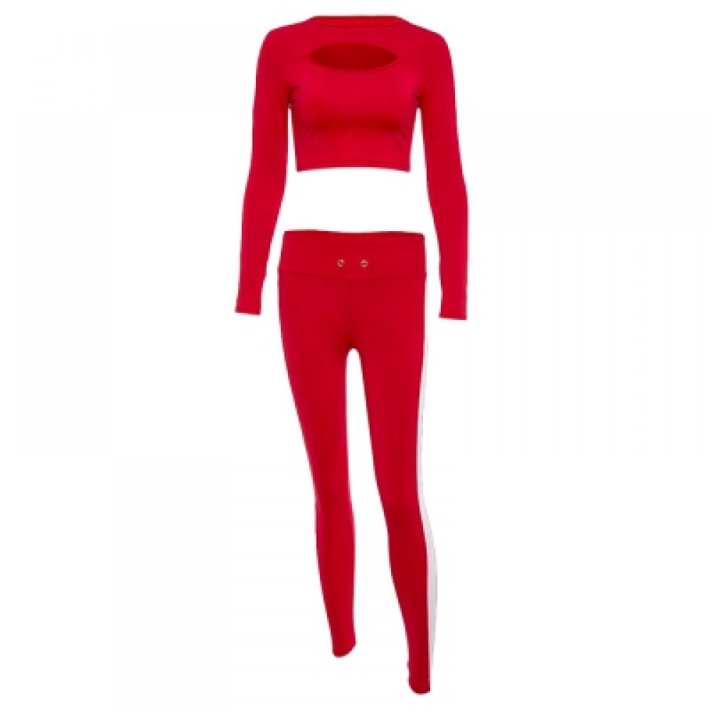 Trendy Crew Collar Long Sleeve Stripe Cut Out Women Two-piece Yoga Sports Suit (LAVA RED) Trendy Crew Collar Long Sleeve Stripe Cut Out Women Two-piece Yoga Sports Suit (LAVA RED)