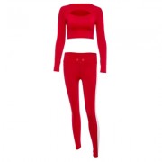 Trendy Crew Collar Long Sleeve Stripe Cut Out Women Two-piece Yoga Sports Suit (LAVA RED)