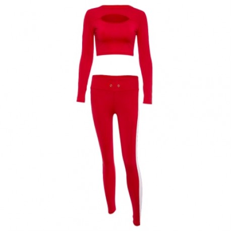 Trendy Crew Collar Long Sleeve Stripe Cut Out Women Two-piece Yoga Sports Suit (LAVA RED)