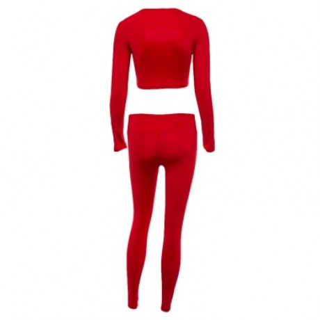 Trendy Crew Collar Long Sleeve Stripe Cut Out Women Two-piece Yoga Sports Suit (LAVA RED)