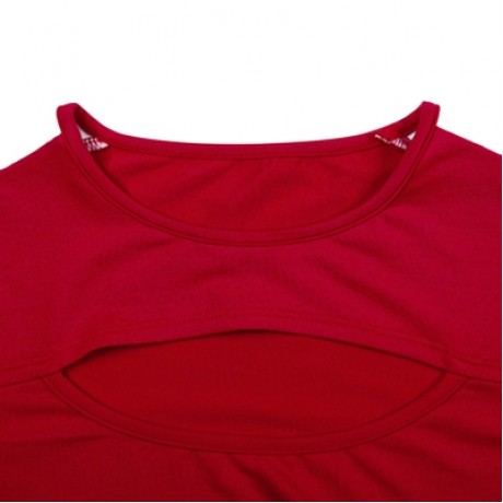 Trendy Crew Collar Long Sleeve Stripe Cut Out Women Two-piece Yoga Sports Suit (LAVA RED)