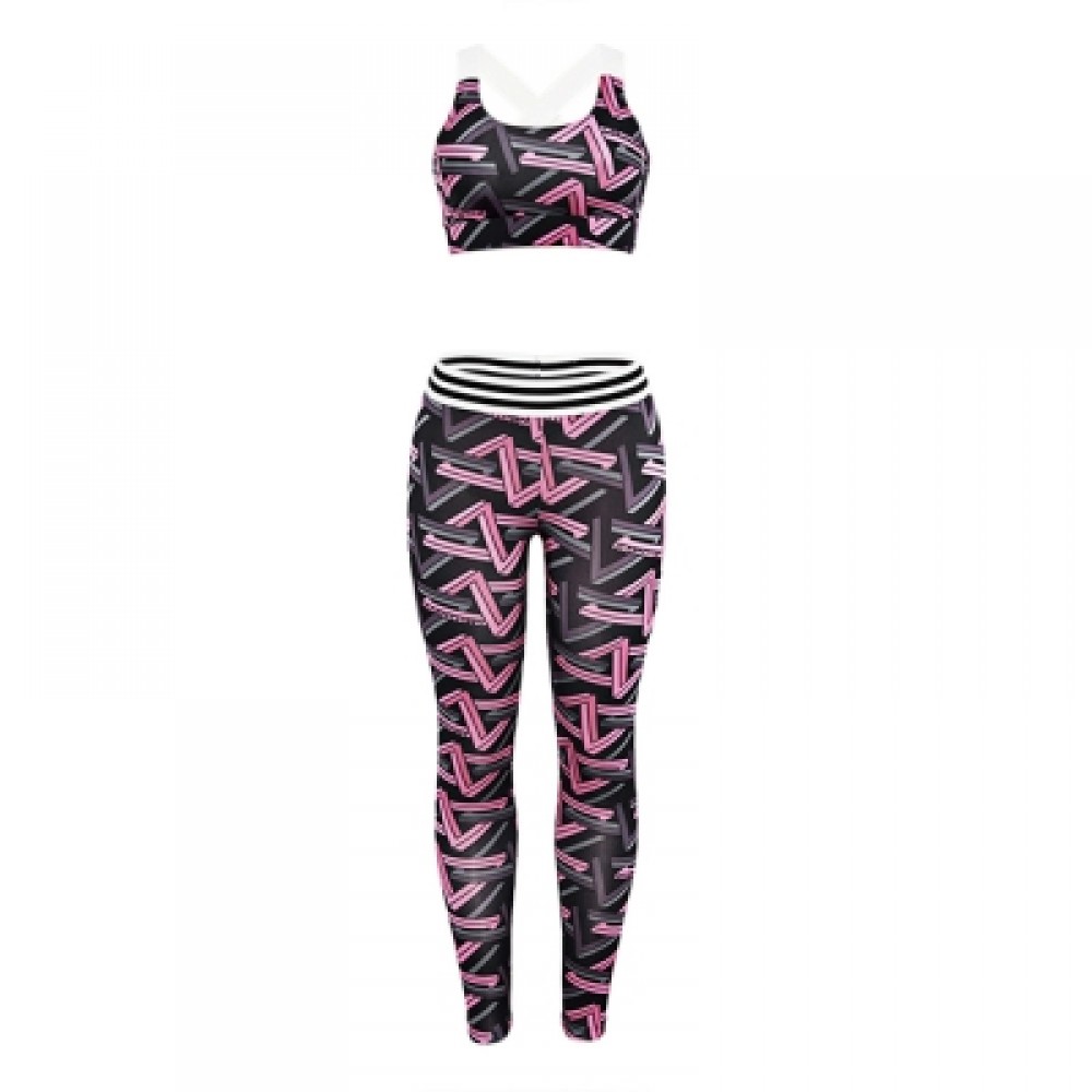 Trendy Print Round Neck Sleeveless Cross Strap Two-piece Women Yoga Sports Suit (NEON PINK Trendy Print Round Neck Sleeveless Cross Strap Two-piece Women Yoga Sports Suit (NEON PINK