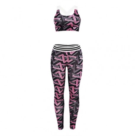 Trendy Print Round Neck Sleeveless Cross Strap Two-piece Women Yoga Sports Suit (NEON PINK